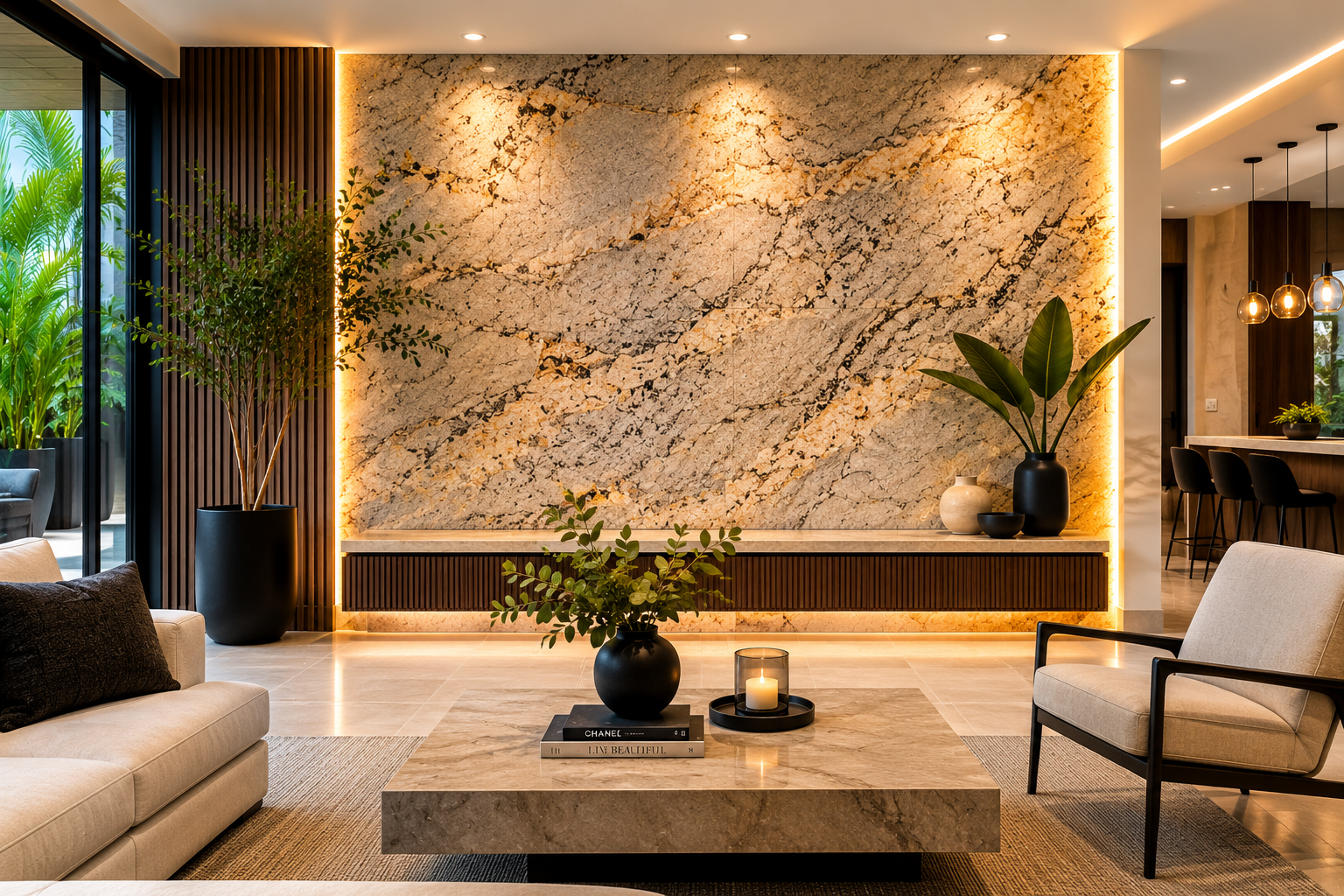 Muros decorativos con piedra natural en interior moderno