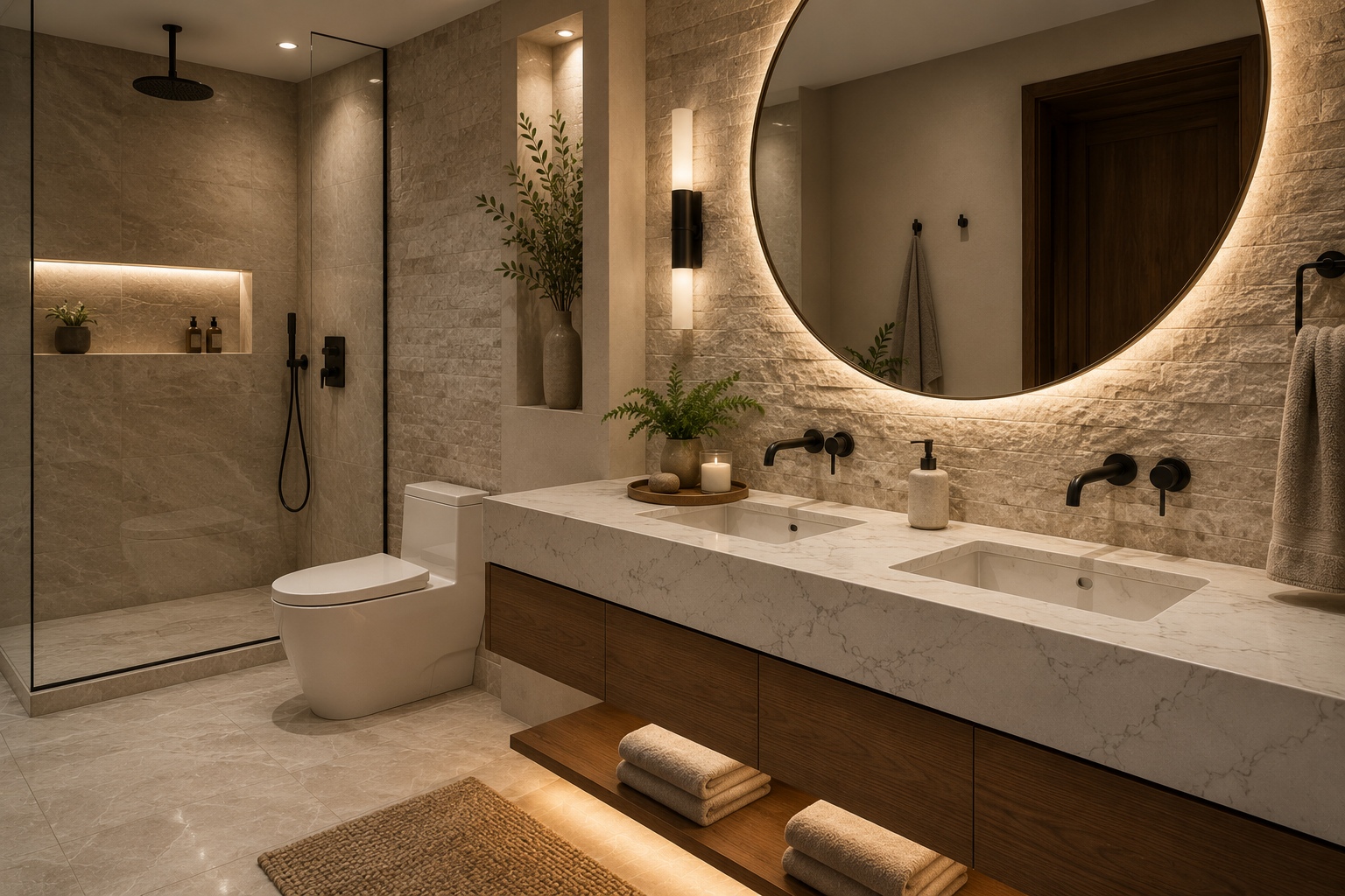 Cubiertas para baño estilo spa con cuarzo o granito en diseño moderno