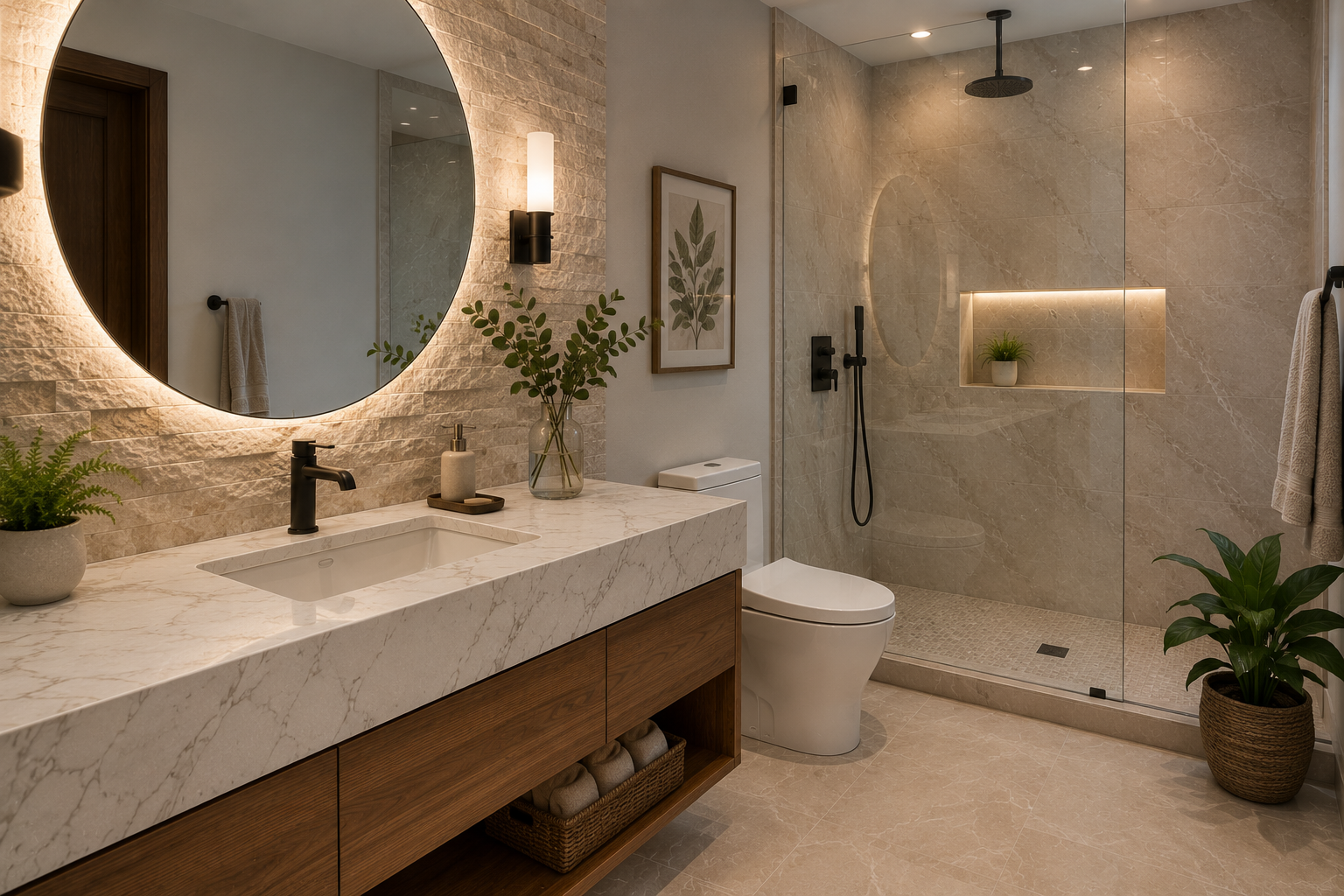 Renovar baño con granito o cuarzo en diseño moderno y elegante