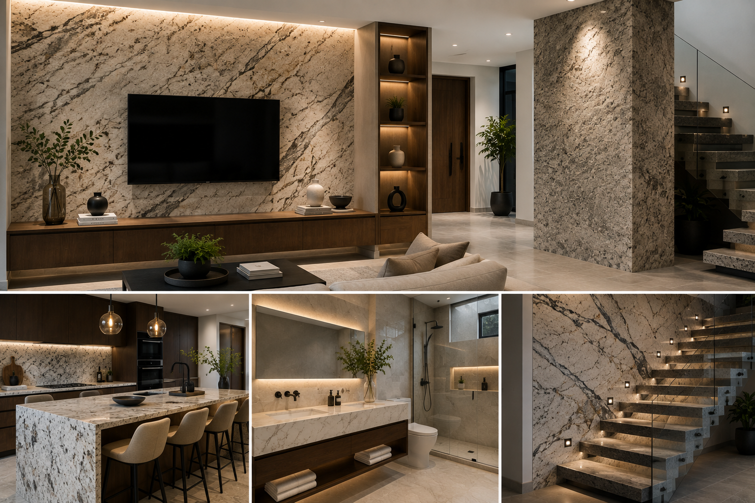 Recubrimientos interiores con granito y cuarzo en proyecto residencial moderno