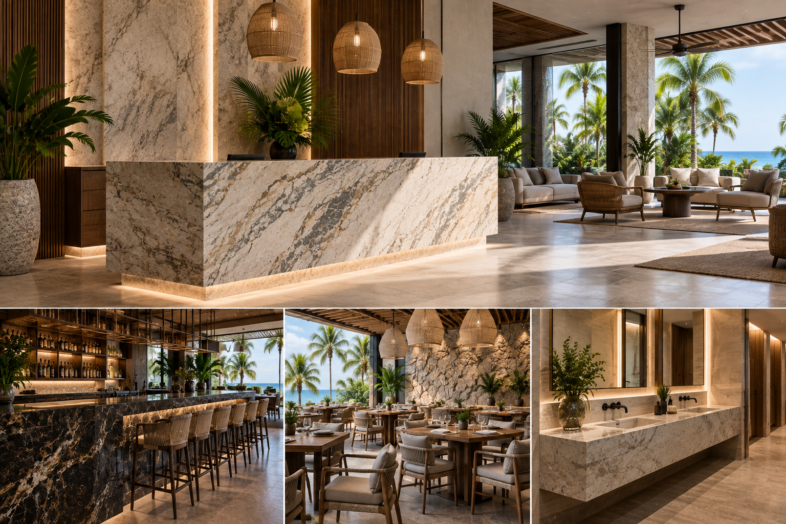 Materiales para hoteles en Riviera Maya con granito y cuarzo en espacios comerciales.