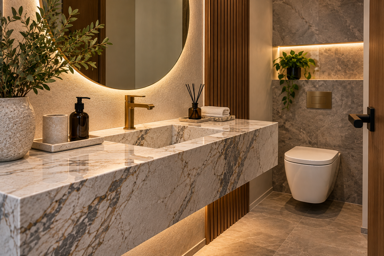 Material para baño de visitas con cubierta de cuarzo o granito