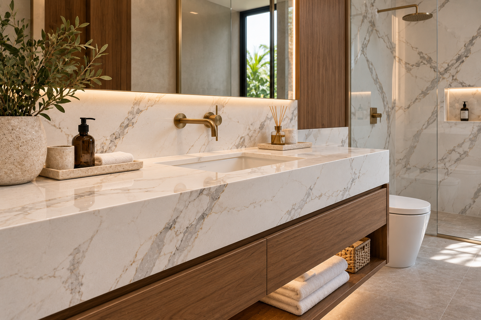 Cuarzo tipo mármol para baño moderno con cubierta elegante