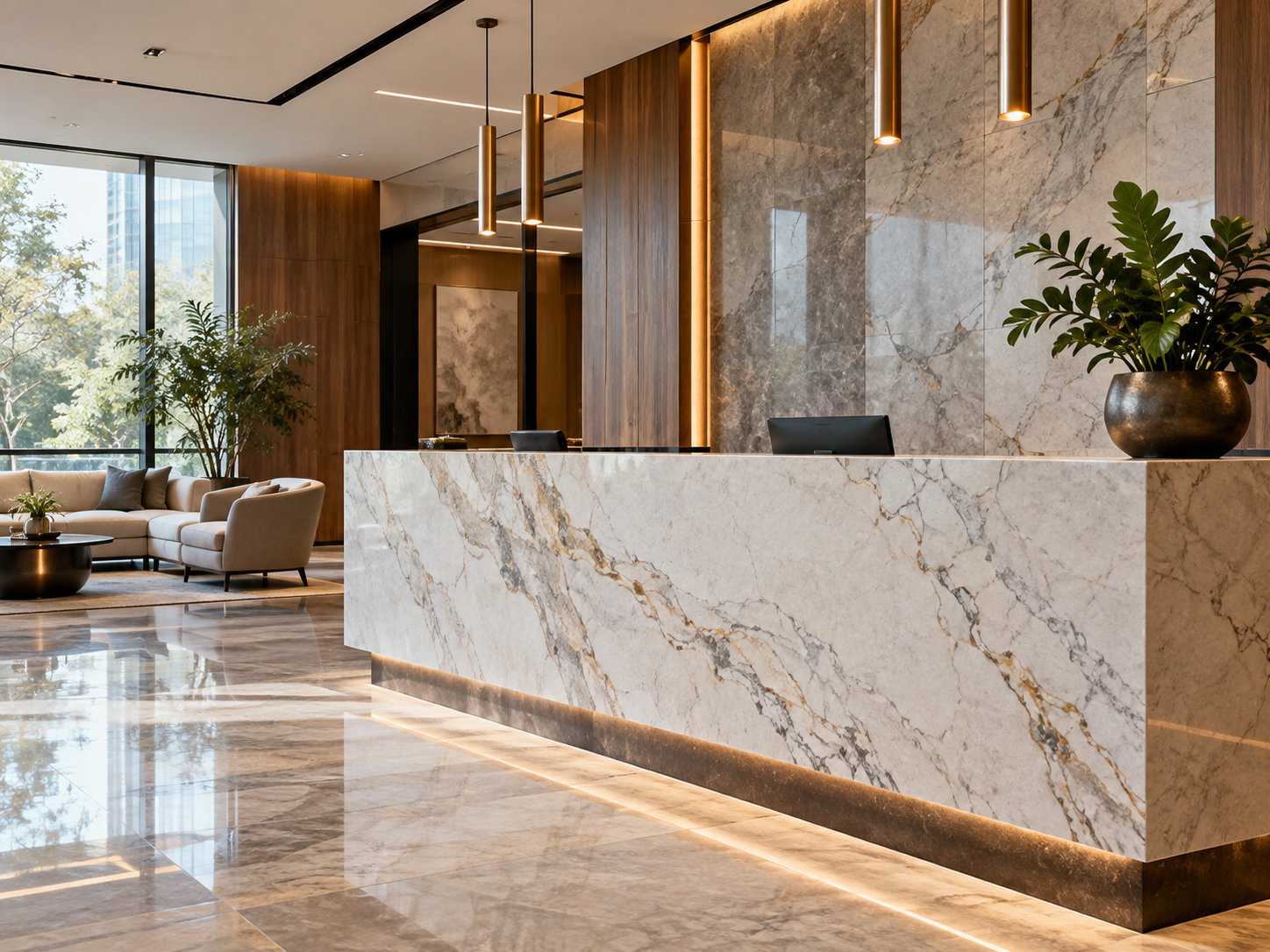 Recepciones con granito y cuarzo para oficinas y negocios modernos