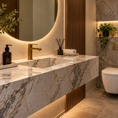Material para baño de visitas con cubierta de cuarzo o granito