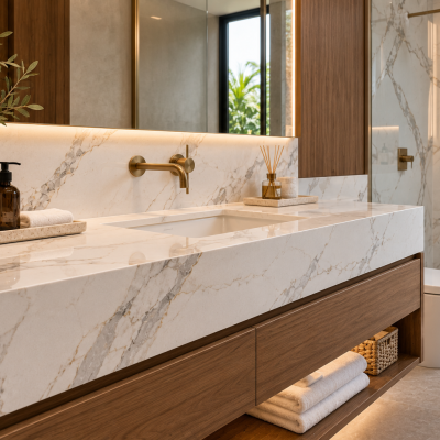 Cuarzo tipo mármol para baño moderno con cubierta elegante