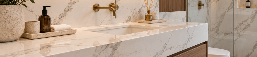 Cuarzo tipo mármol para baño moderno con cubierta elegante