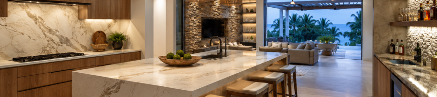 Superficies premium en granito y cuarzo para interiores modernos