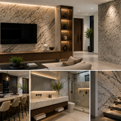 Recubrimientos interiores con granito y cuarzo en proyecto residencial moderno
