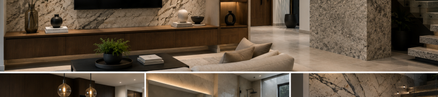 Recubrimientos interiores con granito y cuarzo en proyecto residencial moderno