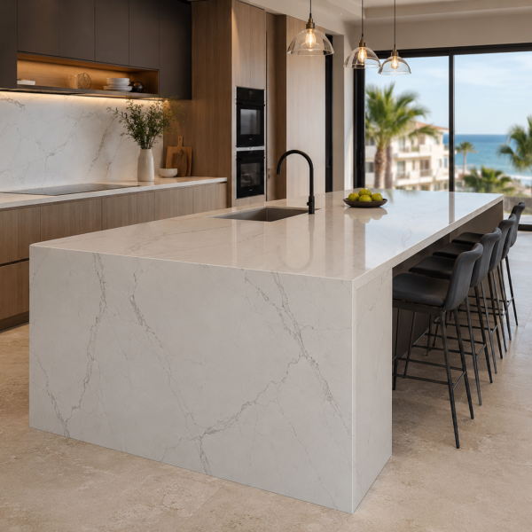 Cuarzo para cocina moderna con cubierta elegante y diseño contemporáneo