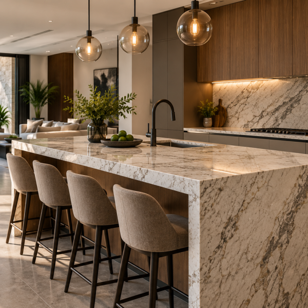 Isla de cocina moderna con cubierta de granito o cuarzo