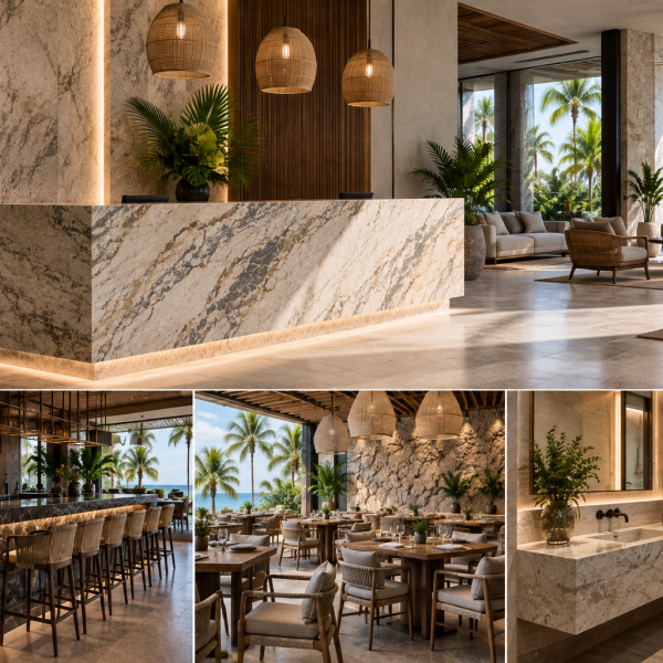 Materiales para hoteles en Riviera Maya con granito y cuarzo en espacios comerciales.