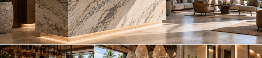 Materiales para hoteles en Riviera Maya con granito y cuarzo en espacios comerciales.