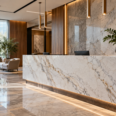 Recepciones con granito y cuarzo para oficinas y negocios modernos