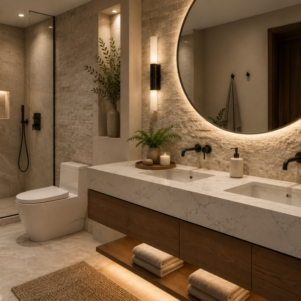 Cubiertas para baño estilo spa con cuarzo o granito en diseño moderno