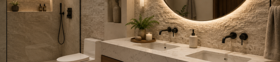Cubiertas para baño estilo spa con cuarzo o granito en diseño moderno