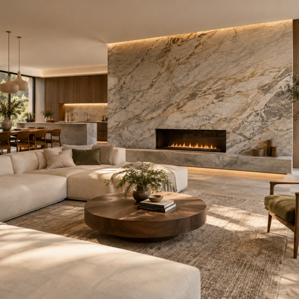 Piedra en interiores modernos con diseño elegante y equilibrado